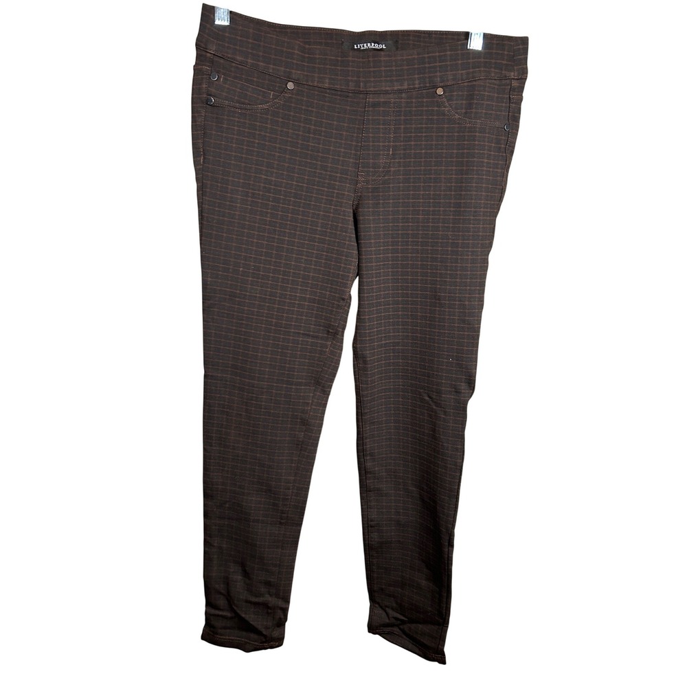 Liverpool Plaid Pull On Pants Women's 8 Brown Grid Check Stretch Skinny Trousers